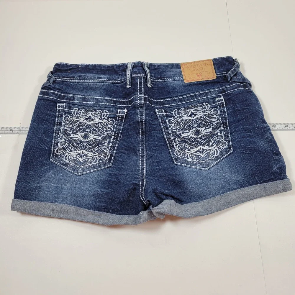 Amethyst Jeans Denim Shorts Womens 11 Blue Excellent Embroidered Cuffed Boho
